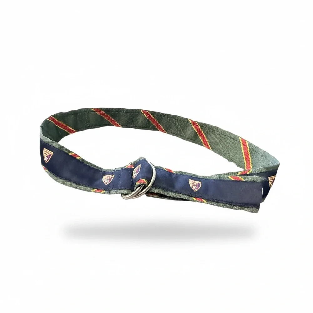 Ralph Lauren Children’s D-Ring Belt Green Striped Crest Canvas Preppy Youth